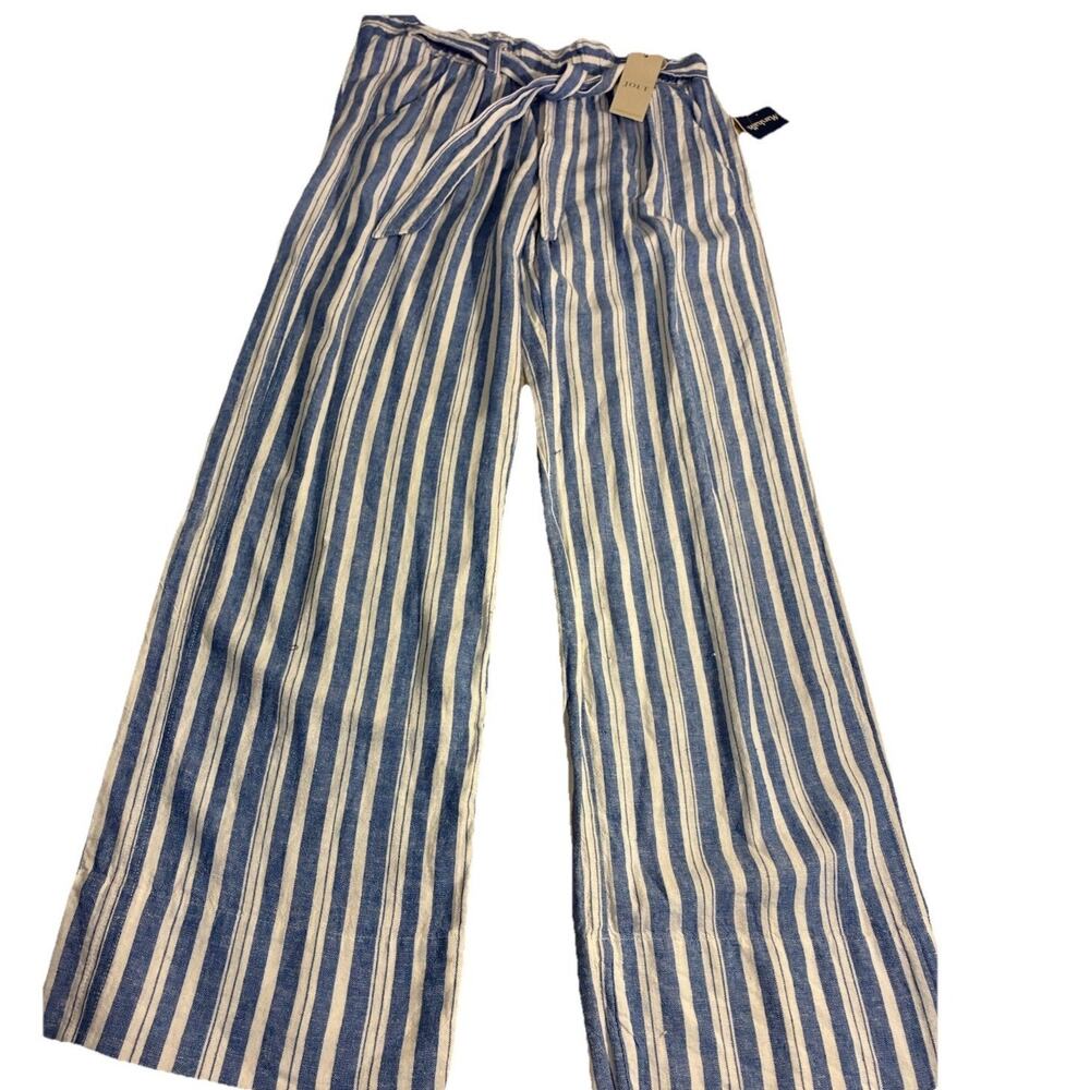 Jolt linen striped pants m wide leg coastal Paper Bag Chambray Pockets NWT